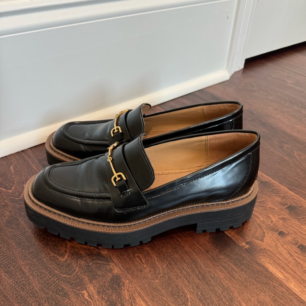 Sam Edelman Laura Leather Platform Loafers Shoes Lug Sole Black Trendy Chic sz 8